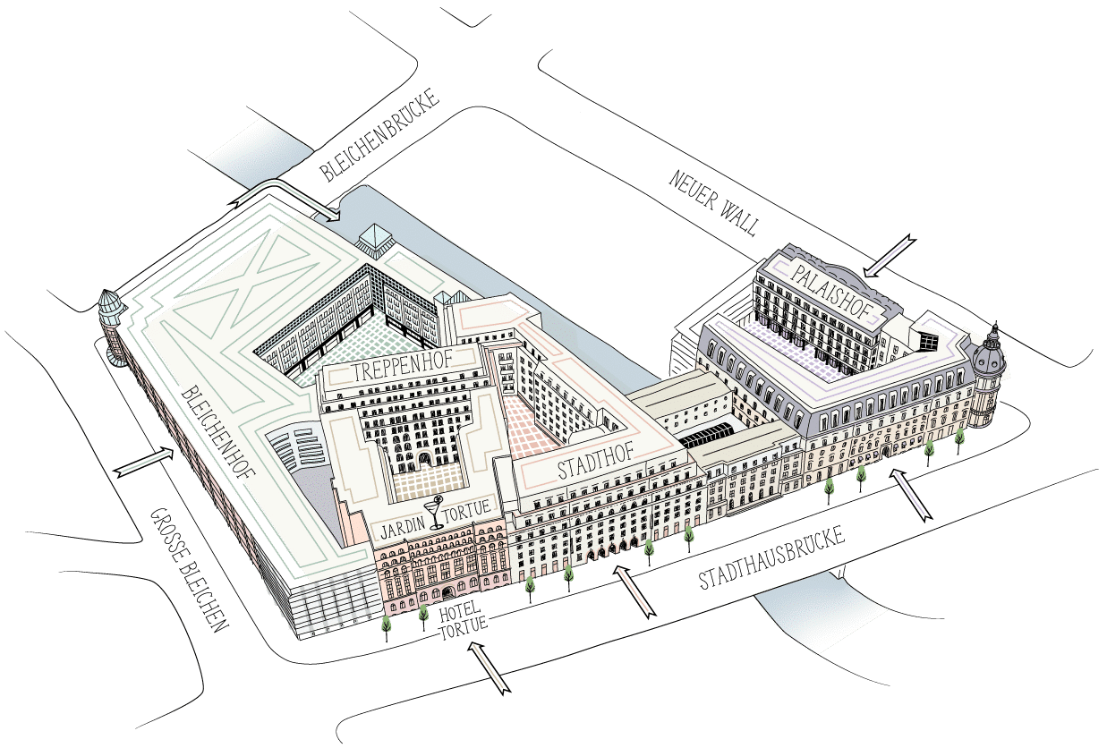 Der Lageplan zeigt die Lage Innerhalb der Stadthöfe Hamburg an.